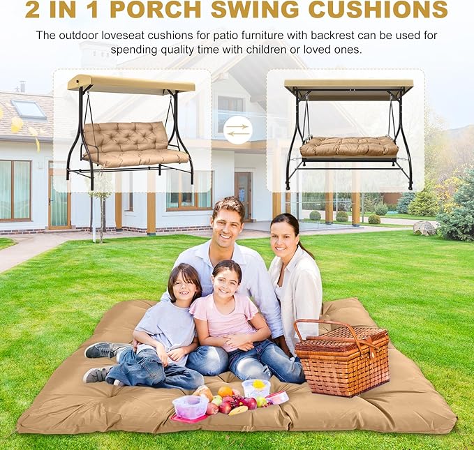 60" Porch Swing Cushion with Backrest, Waterproof Outdoor Bench Swing Cushions 3 Seater Replacement Thickened Swing Cushions with Ties for Patio Garden Backyard,Khaki,60x40in