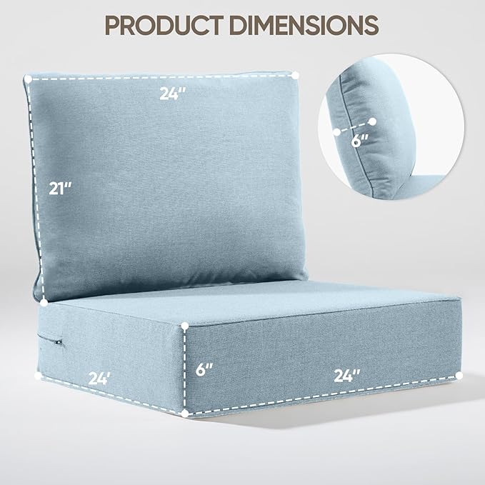 6" Thick Outdoor Cushion, 24*24*6" Patio Furniture Cushions with Waterproof Patio Furniture Cushions with Removable Cover, 28D High Density Patio Cushion for Outdoor Furniture, Baby Blue-6pcs