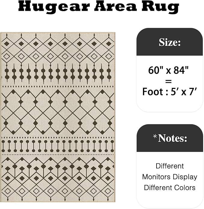 HUGEAR 5x7 Outdoor Rug Black/Beige Linen-Look Fabric Boho Area Rug High Traffic Stain Resistant Easy Clean Durable Rugs for Indoor/Outdoor Patio Deck Balcony Porch Garden Courtyard