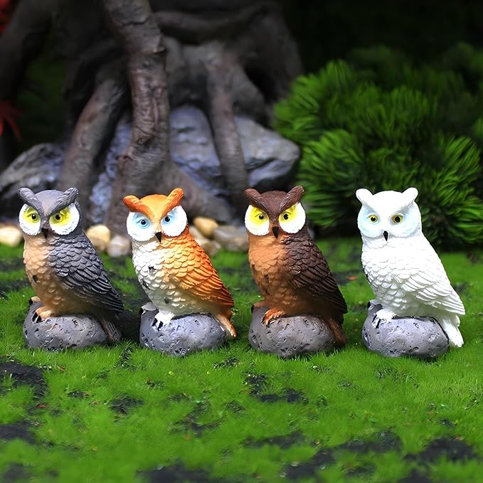 Mini Owl Figurines, Set of 4, Garden Decor Miniatures, Fairy Garden Accessories, Small Owls