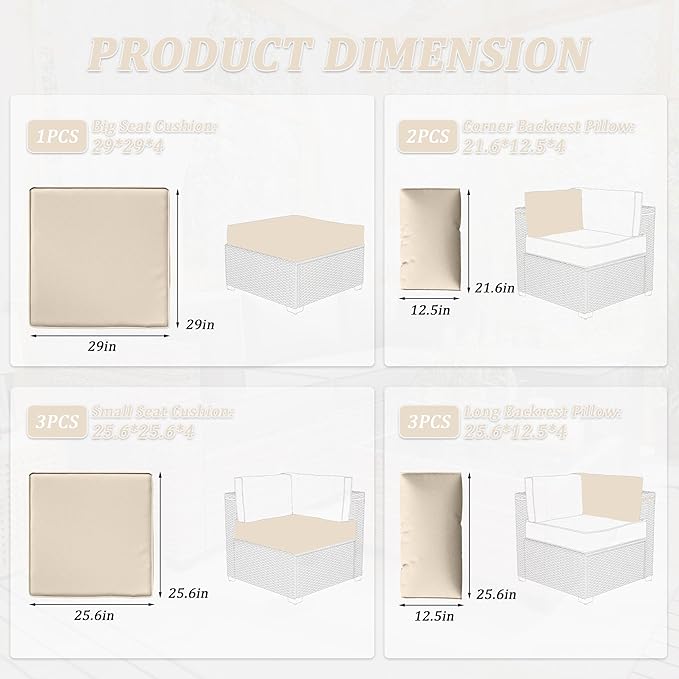 Patio Furniture Cushions, Replacement Outdoor Cushions for 4-Seat Patio Furniture, Waterproof Cushions for Outdoor Sectional Sofa Couch, Cream