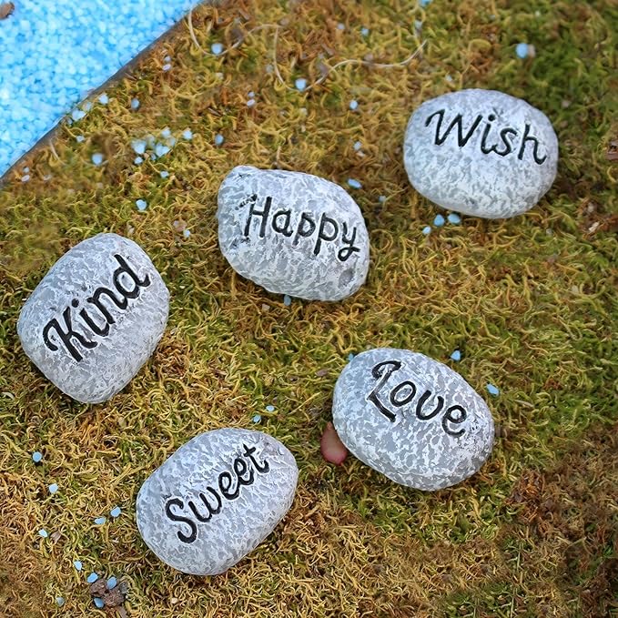 5pcs Inspirational Word Stones, Fairy Garden Accessories, Resin Miniature Pebbles for Fairy Garden Decor, Tiny Positive Message Rocks, Cute Plant Pot Ornaments