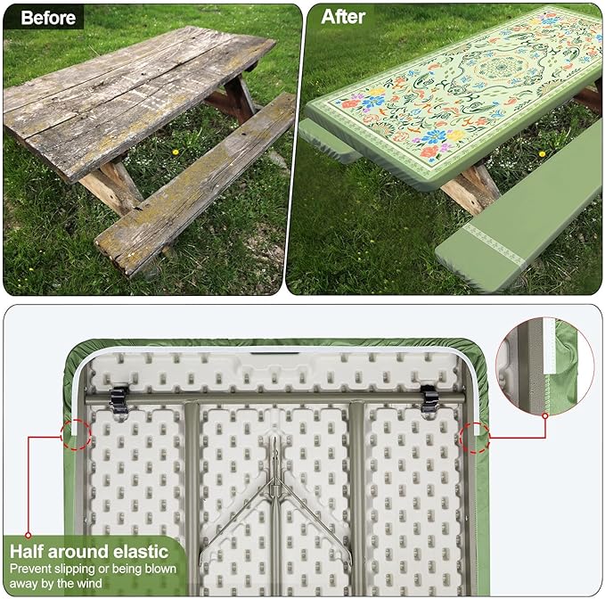 Play Tailor Picnic Table Cover with Bench Covers Camping Essentials Waterproof Windproof Camping Tablecloth with Drawstring Bag, Fitted Rectangle Tables and Seats, 72in, Green with Colorful Flowers