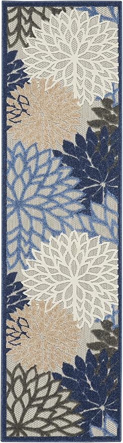 Nourison Home Aloha Indoor/Outdoor Blue/Multicolor 2' x 6' Area Rug, Tropical, Botanical, Easy Cleaning, Non Shedding, Bed Room, Living Room, Dining Room, Deck, Backyard, Patio (2x6)