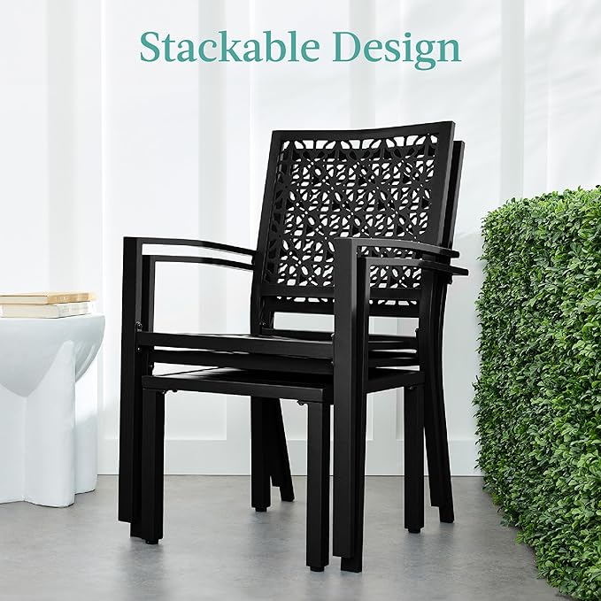 Best Choice Products 3-Piece Outdoor Bistro Set, Stackable Modern Steel Furniture for Porch, Garden w/ 2 Chairs, Table, Geometric Decor - Black