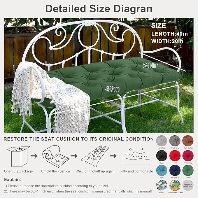 Outdoor Waterproof Bench Cushions, Garden Bench Cushion Tufted Chair Pad, 20 x 40 in Replacement Seat Pad Cushion for Outdoor Garden Patio Bench Porch Swing, Black