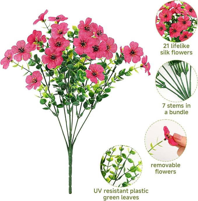 SHareconn 48 Bundles Artificial Flowers for Outdoors Decoration, Faux Plants Fake Silk Colorful Daisy Eucalyptus Lavender,UV Resistant for Outside Home indoor Spring Decor,RedRosyPurpleYellowPinkWhite