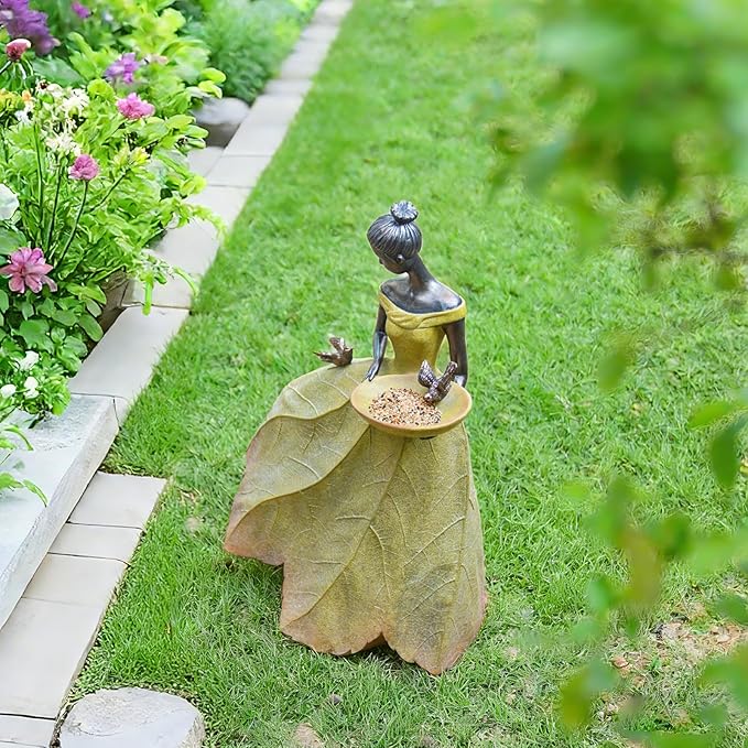 DiliComing Large Garden Fairy Statue Bird Feeder & Bird Bath - 23-Inch Resin Outdoor Yard Decor Angel Statue, Decorative Girl Sculpture for Garden, Lawn, Patio Yellow