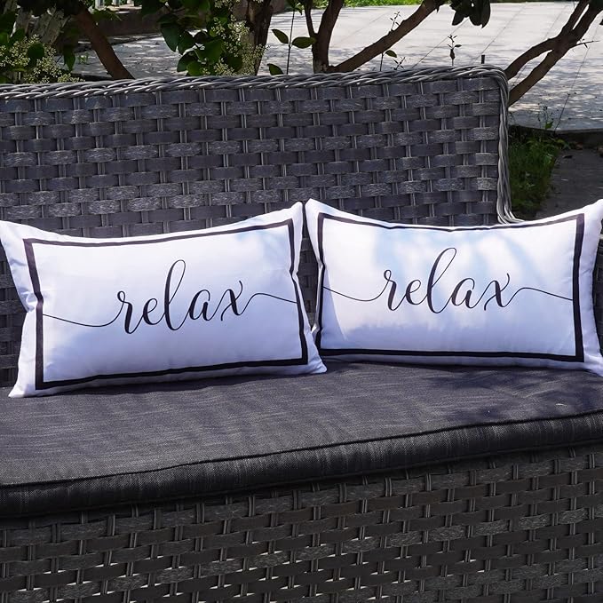 ONWAY Outdoor Waterproof Throw Pillow Covers 12x20 Set of 2 White and Black Relax Decorative Pillowcase for Patio Furniture Garden Couch Tent Balcony