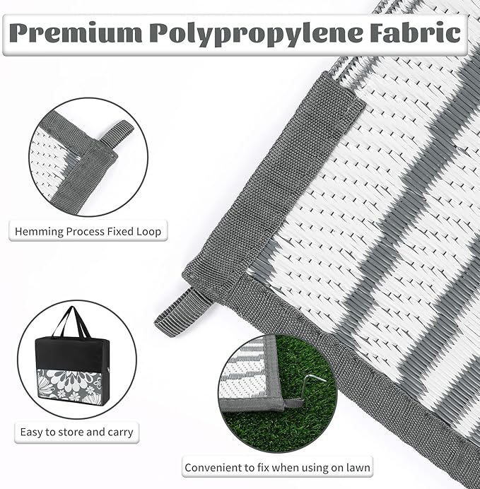 Ileading Outdoor Plastic Straw Rug 5x8ft Funny Floral Style Reversible Patio Area Rugs Waterproof Non Shedding Portable Carpets for Rv Outside Deck Pool Beach Picnic Camping (Grey)