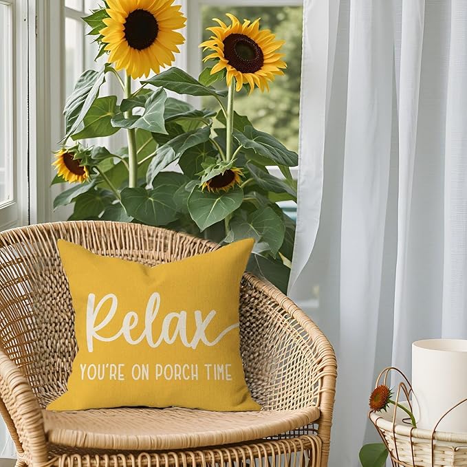 PANDICORN Farmhouse Throw Pillow Covers 18x18 Inch Relax Porch Time Yellow Outdoor Spring Summer Decorations Decorative Cushion Case for Front Porch Patio Couch Sofa Decor