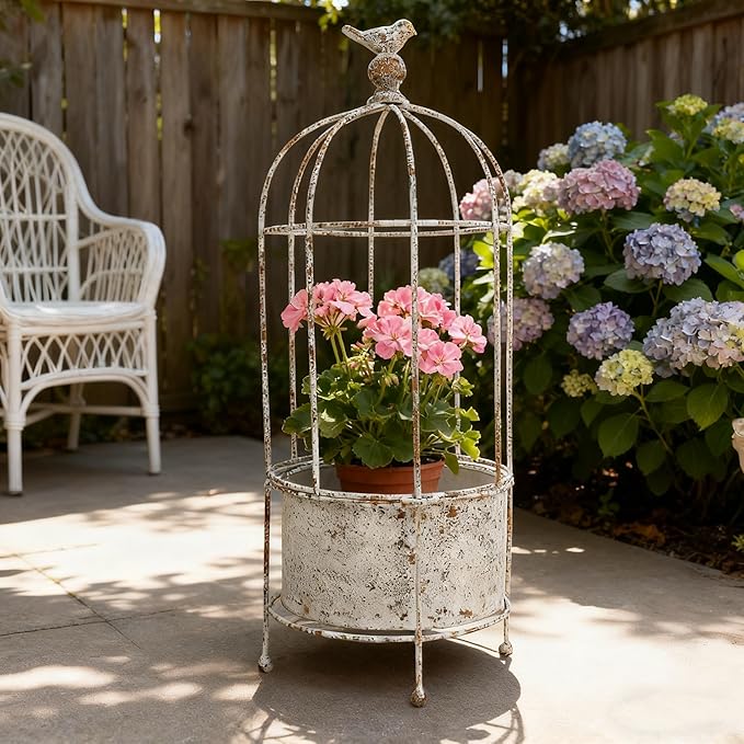 Vintage Rustic Birdcage Planter Stand, Farmhouse Distressed Decorative Metal Round Plants Holder, Outdoor Garden Flower Pot for Climbing Plants, Home Patio Yard Balconies Decor