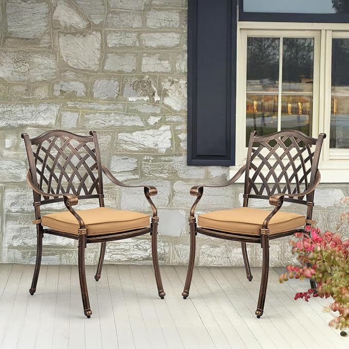 VINGLI Patio Chairs Set of 4- Stackable Outdoor Cast Aluminum Dining Chairs with Vintage Bronze Finish and Diamond Pattern, Metal Armchairs for Poolside, Backyard, Balcony (with Cushion)
