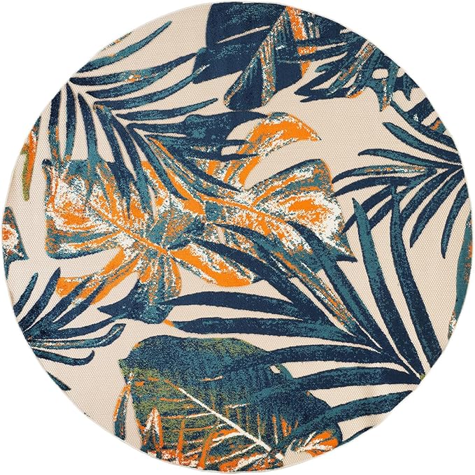 Rugshop Tropical Floral Leaves Indoor/Outdoor Area Rug Durable Polypropylene, Non-Shedding, Easy to Clean, Perfect for Patio, Backyard, Deck and Outdoor Lounge, High Traffic Areas, 8' Round