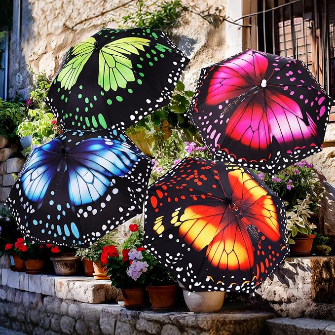 4 Pack Plant Umbrellas for Outdoor Plants, Upgraded Joints-enhanced Wind Resistance, Adjustable Height, Large Garden Umbrella Shade for Potted Plants Bed Flower Pot(Butterfly)
