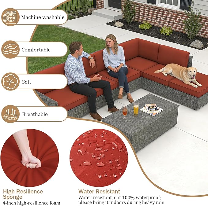 14 Pcs Outdoor Replacement Cushions for Patio Furniture, All Weather Water Resistant Cushion for 6 Seat Rattan Wicker Sectional Patio Conversation Sets and Couch (Brick Red)