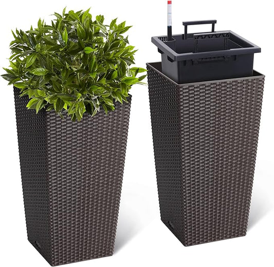 22.5 Inch Tall Planter Set of 2 Large Rattan Flower Pot with 2 Trays & a Water Level Monitor & Wheels Outdoor and Indoor for Patio, Porch, Living Room, or Home Office, Dark Brown