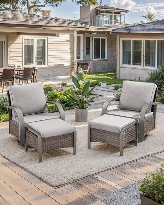 HUMMUH Swivel Rocker Outdoor Chair-High Back Patio Chairs with Ottoman Outdoor Conversation Furniture Sets for Deck Porch Garden Poolside Backyard-Brown/Grey
