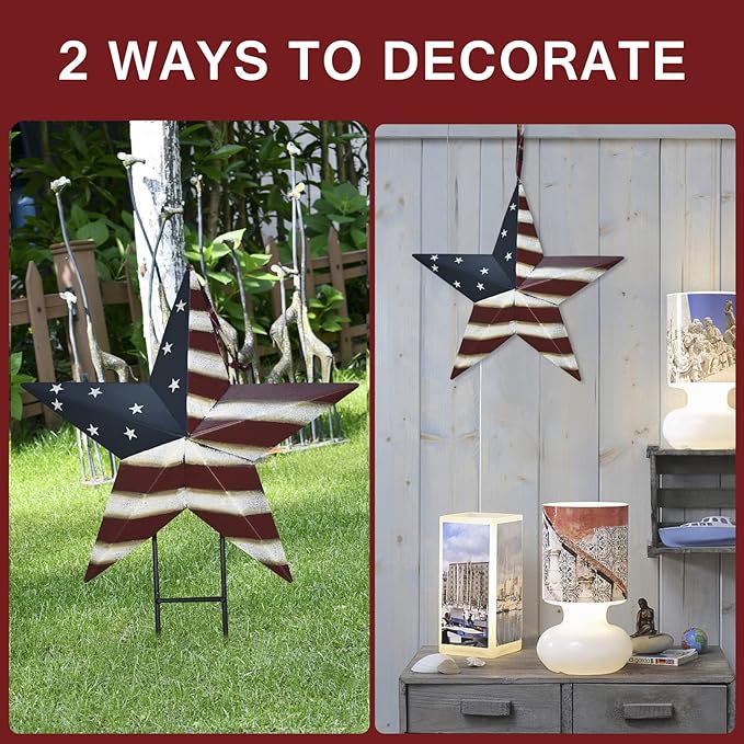 Metal Star Yard Sign with Stake American Decor, 4th of July Patriotic Barn Star Garden Stake Hanging Ornament Wall Decor Veterans Day Memorial Day Outdoor Lawn Decorations