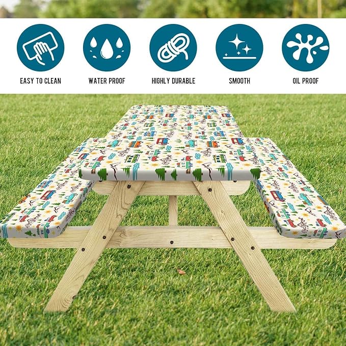 Picnic Table Cover with Bench Covers Reusable Table Cover for Camping with Elastic Outdoor Windproof Waterproof Fabric Rectangle Fitted Tablecloth and Seat Covers with Drawstring Bag, 60In 3PCS