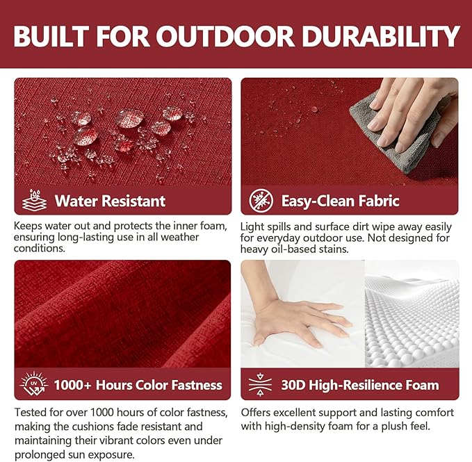 Goodgoods 24 x 24 Outdoor Patio Deep Seat Cushions 2-Pack, 1000+ Hours Fade-Resistant & Water-Resistant Outdoor Furniture Chair Cushions with 30D High-Resilience Foam for Sofa Chair, Chili