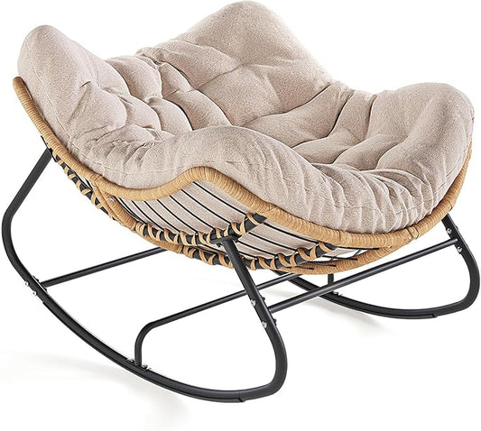 SWITTE Outdoor Rocking Chair, Oversized Patio Papasan Rocker, Comfy Wicker Reading Lounge, Indoor Egg Chair for Bedroom, Living Room, Porch, Garden, Lawn-Cream