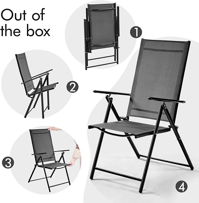 Yaheetech Patio Folding Dining Chairs Set of 2, Stackable Outdoor Lawn Chairs with 8 Adjustable Back Positions and Armrest for Garden, Lawn, Yard and Beach, Dark Gray