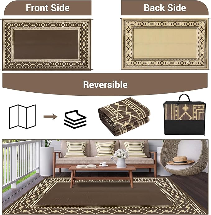 9x18 Large Outdoor Rug,Modern Bordered Plastic Straw Carpet,Waterproof Lightweight Outdoor Carpet,Easy Cleaning Folding Uv Resistant Picnic Camping Mat,Brown/Coffee