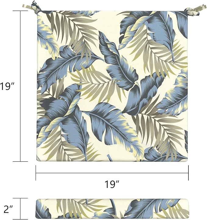 LVTXIII Outdoor Seat Cushions Seasonal Replacement Chair Cushions, Patio Chair Pads with Ties for Dining Chairs and Garden Furniture, Square Back, 19"x19"x2", 4 Pack, ‌Lush Palm Blue