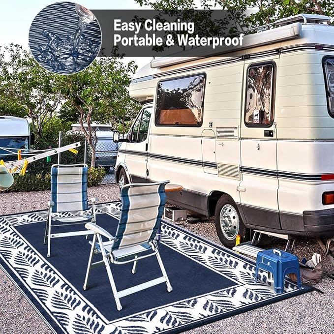 HUGEAR Outdoor Plastic Straw Rug, Waterproof Mat, Washable Large Floor Mat and Rug for Outdoors, RV, Beach, Patio, Camping, Backyard, Deck, Picnic, Outside (6x9ft,Olive-Leaf/Dark Blue&White)