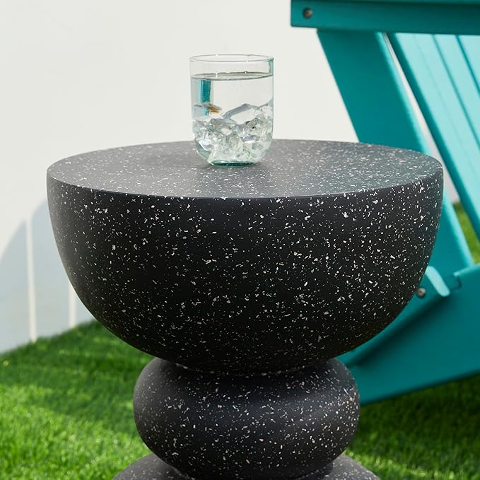 Glitzhome Decorative Patio Side Table Set of 2, 17.5" H Heavy Duty Patio Sturdy Black Faux Terrazzo Garden Stool Side Table Planter Stand for Indoor Covered Outdoor