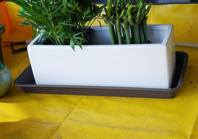 2 Pack Plastic Plant Tray Saucer, Rectangular, Indoors Outdoor, Water Drip Tray for Flower Pot Planter, Windowsill (6 X 11 Inch, Brown)