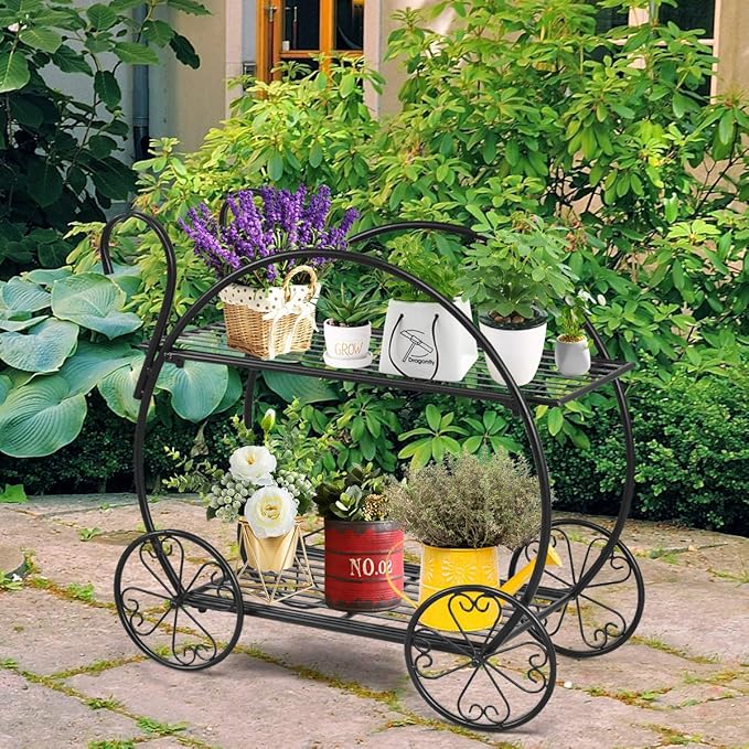 Giantex Garden Cart Metal Plant Stand with 4 Decorative Wheels, Succulent Collection Flower Pot Holder Display Shelf for Home Patio Garden Flower Shop, Parisian Style Plant Potted Rack (2-Tier)