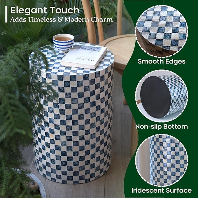 19.7” Checkered Capiz Shells Drum End Table, Decorative Cylinder Side Table & Garden Stool, Round Pedestal Accent Table for Living Room, Bedroom, Indoor & Outdoor (Navy Blue)