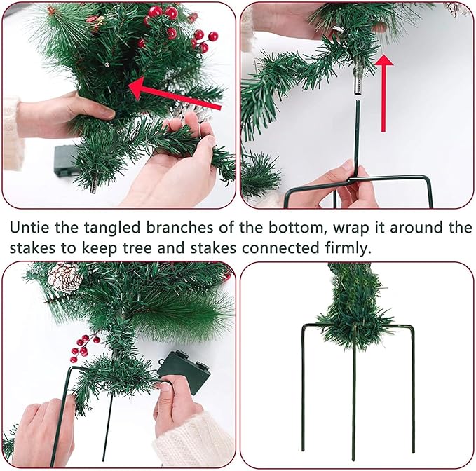 Glintoper Lighted Artificial Christmas Urn Filler, Pre-lit Xmas Pine Trees with Cones, Golden & Red Berries, Tripod Stake and 60 LED Lights, Outdoor Light Up Planter Filler Holiday Home Decor, 1 Pack