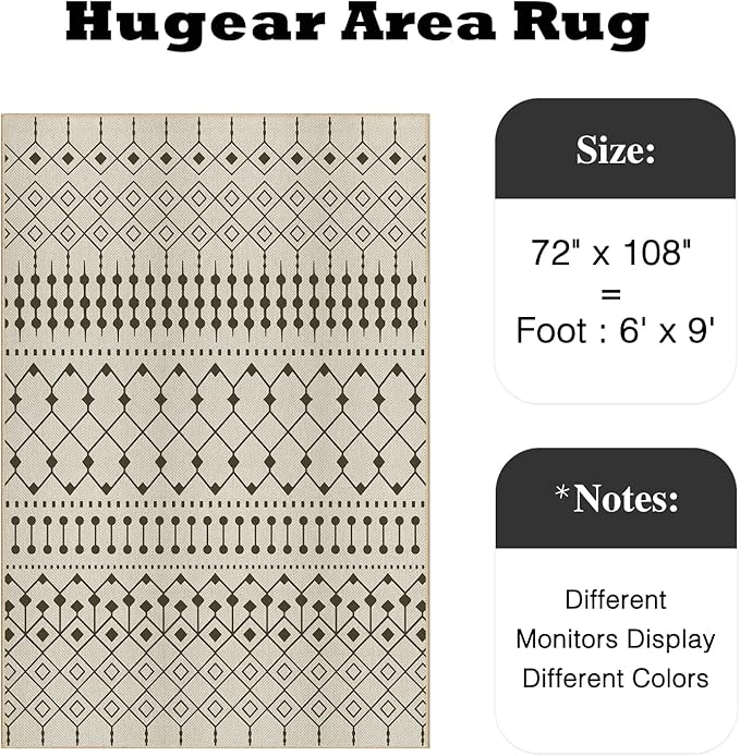 HUGEAR 6x9 Outdoor Rug Black/Beige Linen-Look Fabric Boho Area Rug High Traffic Stain Resistant Easy Clean Durable Rugs for Indoor/Outdoor Patio Deck Balcony Porch Garden Courtyard