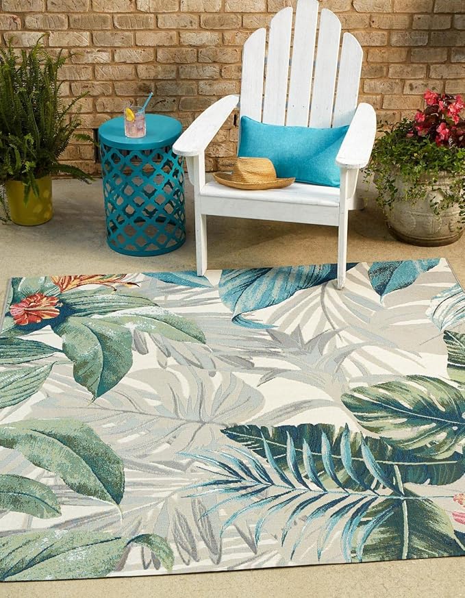 Unique Loom Outdoor Botanical Collection Area Rug - Kula (5' 3" Square, Multi/ Gray)
