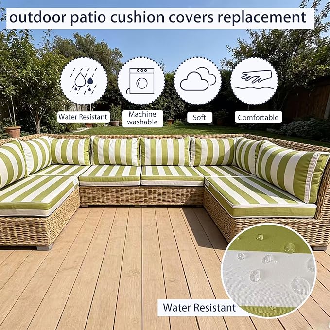 Outdoor Cushion Covers for Patio Furniture, Patio Cushion Covers Replacement with Zipper, Waterproof & Fade Resistant,Only Cover (Green and White Stripes, 25.6Lx25.6Wx4H - Only Covers)