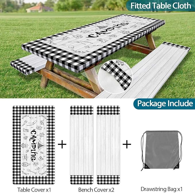 Picnic Table Cover with Bench Covers Checkered Camping Tablecloth, Waterproof Windproof Reusable Picnic Table Covers with Drawstring Bag, Outdoor Patio Camping Essentials, 72In 3PCS