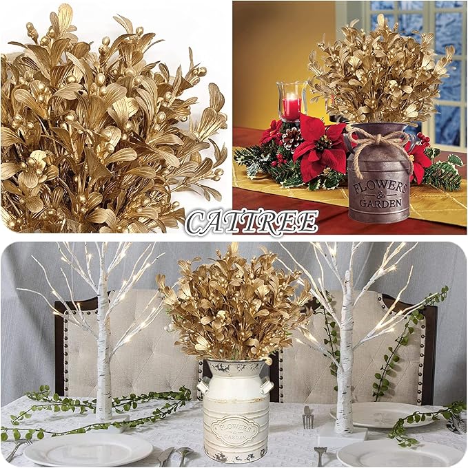 CATTREE Christmas Artificial Flowers, Golden Leaves Branches Plants Fake Berry Plant Decor for Wedding Party Indoor Outdoor DIY Home Office Table Centerpieces Arrangements Decoration - Gold 2 Pack