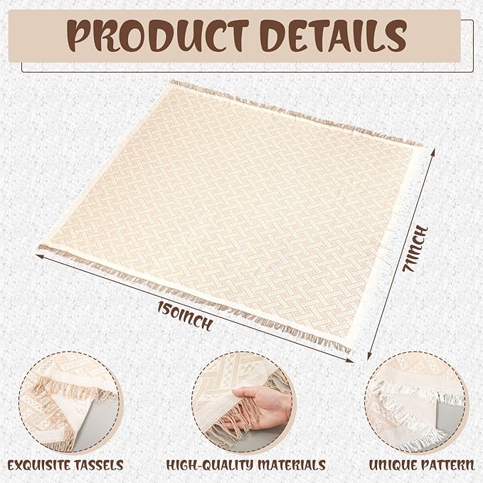 Extra Large Outdoor Boho Picnic Blanket 150'' X 71'' Beige White Table Runner 6 Throw Pillow Cover Woven Cotton Yarn Oversize Beach Blanket Washable for Picnic Camp Wedding