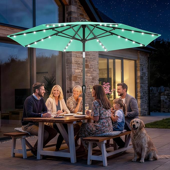 AreShark 9FT Patio Umbrella with Solar Lights, 32 LED Lighted Pool Umbrella w/Tilt and Crank, Outdoor Market Solar Umbrellas for Garden, Deck, Backyard, Pool and Beach, Cerulean