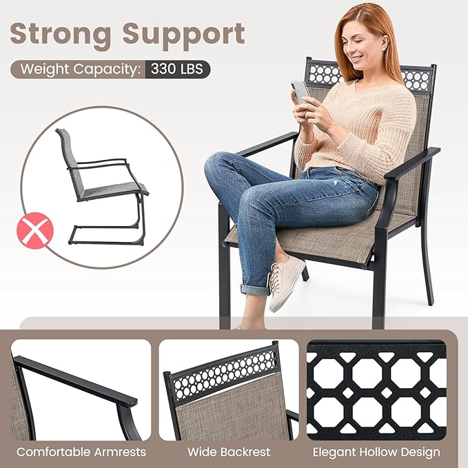 Giantex Patio Chairs Set of 2, Outdoor Chairs with All Weather Fabric, High Backrest, Armrests, Heavy Duty Metal Armchair, Outside Dining Chairs for Porch Lawn Garden Yard Pool (Light Brown & Black)