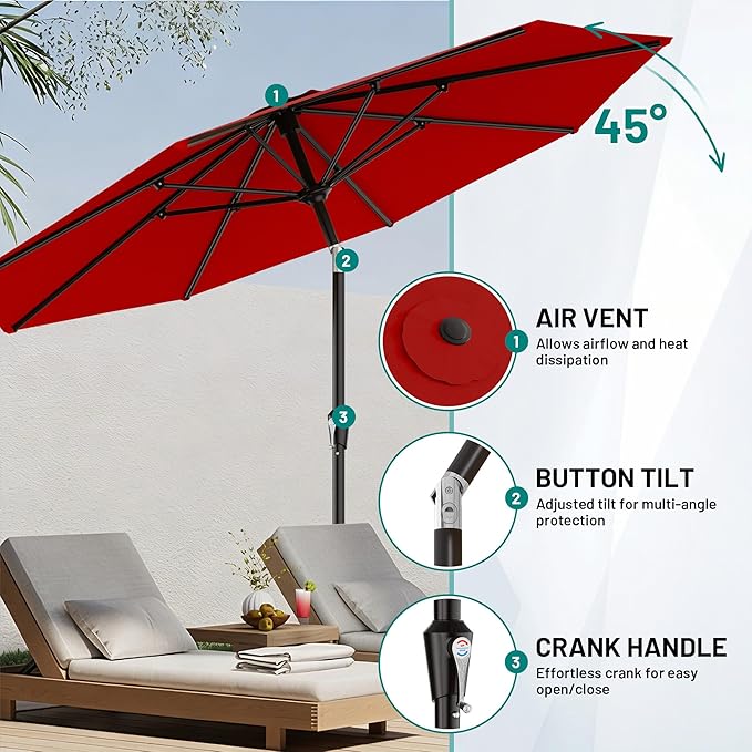 AreShark 9 FT Patio Umbrella for Outdoor, Outdoor Table Umbrella with Push Button Tilt and Crank, Outdoor Patio Umbrellas with 8 Sturdy Ribs for Market, Garden, Pool (Red)