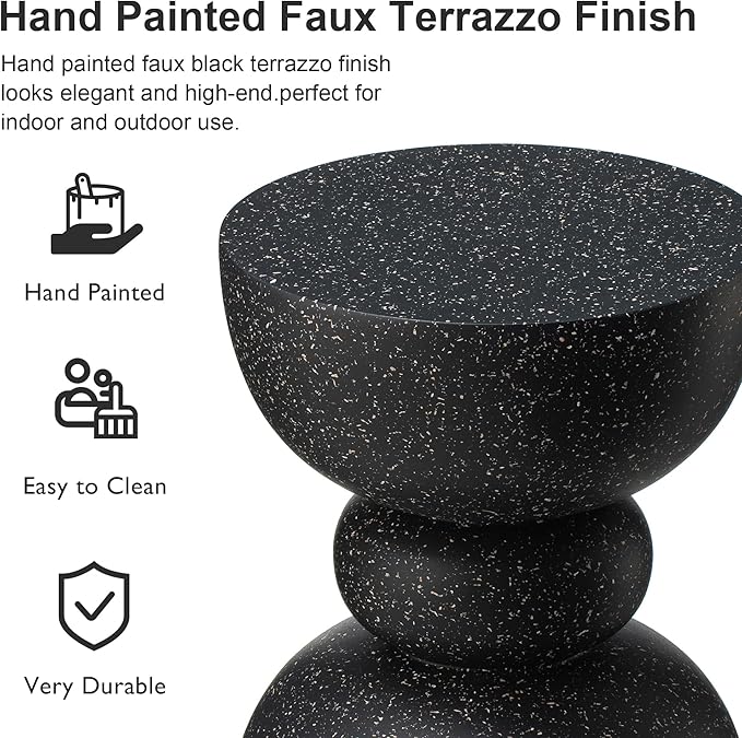 Glitzhome Outdoor Side Table, Round Accent End Table, Lightweight Faux Terrazzo Decorative Garden Stool, 17.25" H Black Planter Stand for Patio Porch Balcony Living Room
