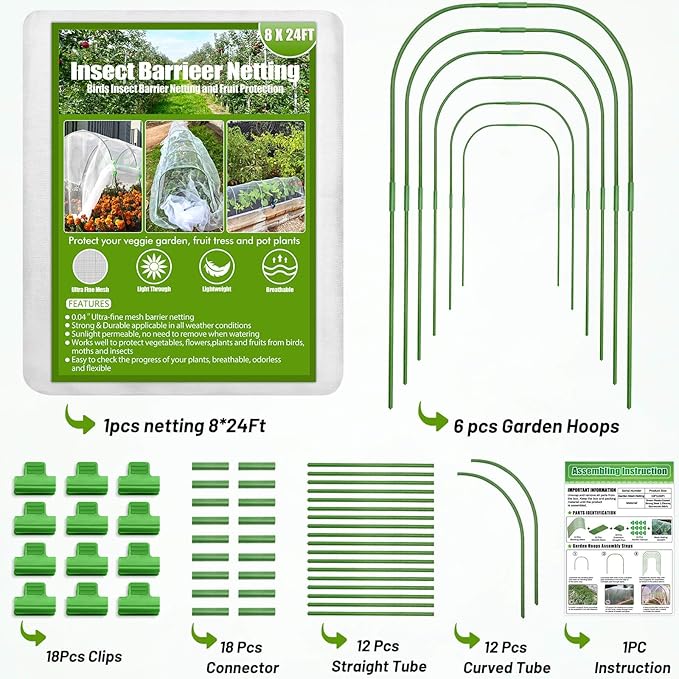 Cludoo Garden Mesh Netting Kit,8x24 ft Plant Covers Garden Netting with 6 Sets Garden Hoops & 18 Clips, Garden Protection for Raised Beds Greenhouse Vegetable Plants Flowers Animals Birds