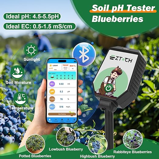 Bluetooth Soil pH EC Tester, Smart Plant pH Fertility Meter, 8 in 1 pH EC Fertility Temp Salt Moisture Light Intensity Air Humidity Monitor for Blueberry, Garden, Lawn, Raised Garden Beds