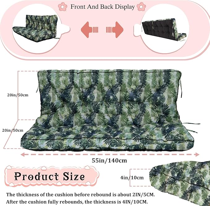 2-3 Seat Swing Replacement Cushion, Outdoor Bench Cushions with Backrest Thicken 4", Patio Furniture Garden Porch Loveseat Glider Pad Anti-Fading Waterproof (Palm Leaves, 40x55in)