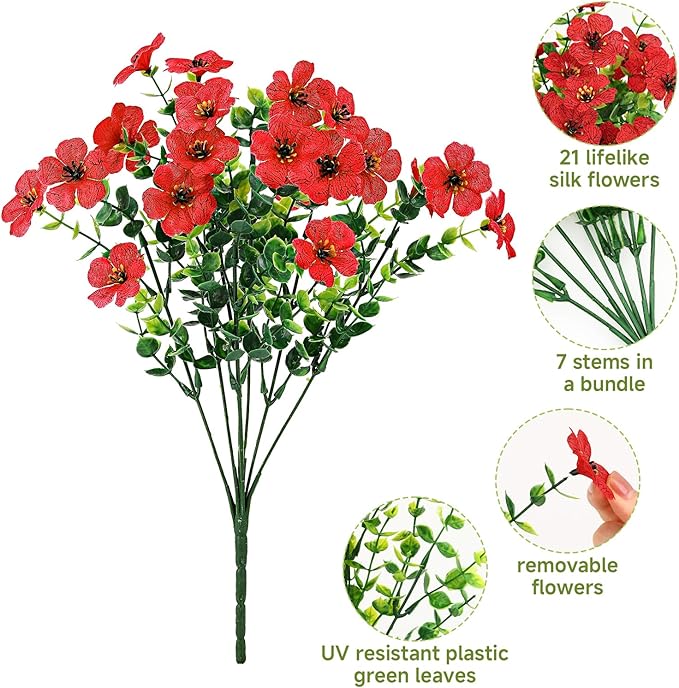 SHareconn 24 Bundles Artificial Flowers for Outdoors Decoration, Faux Plants Fake Silk Colorful Daisy Eucalyptus Lavender, UV Resistant for Outside Home Porch Indoor Spring Decor, RedRosyPurpleYellow
