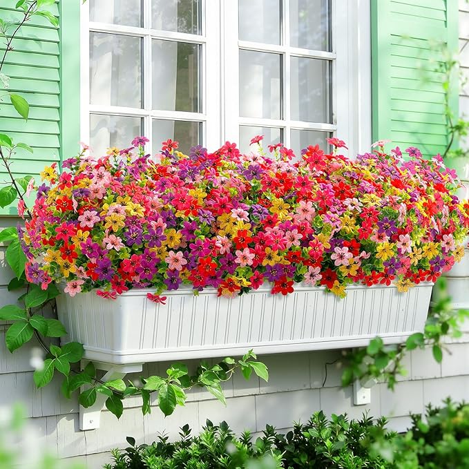 SHareconn 24 Bundles Artificial Flowers for Outdoors Spring Decoration, Fake Silk Realistic Faux Plants UV Resistant for Outside Planter Porch Patio Indoor Decor, RedRosePurpleYellowPinkDeeppurple